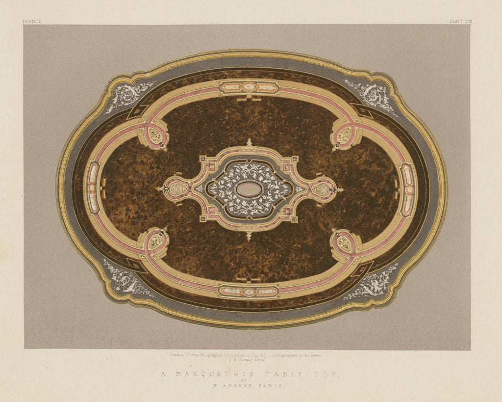 INTERNATIONAL EXHIBITION. A marquetrie table top - H Ahrens, Paris 1862 print